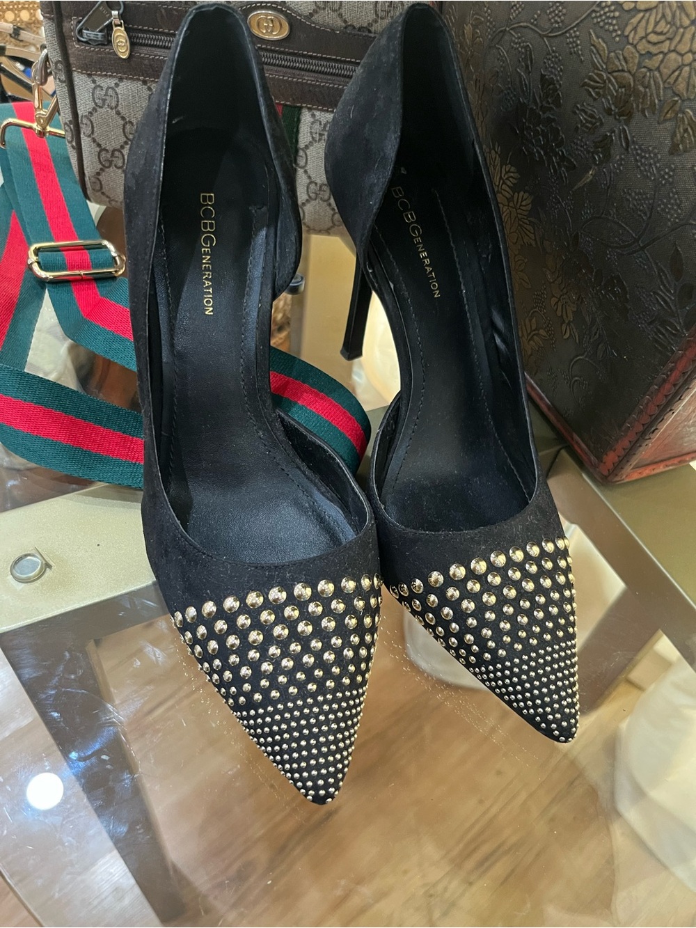 BCBGeneration Black Studded Pointed-Toe Pumps